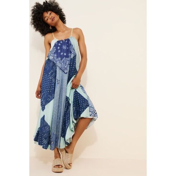 NWT Free People Womens Patchwork Halter Happy Days Maxi Dress Indigo Combo M/L - Picture 1 of 16